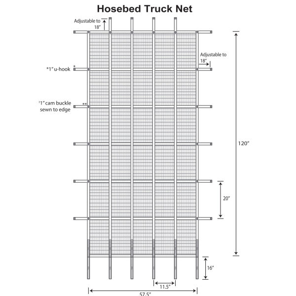 The Fire Truck Hosebed Net Cover 58 X 120 Is Actually 57.5&Quot; X 120&Quot;.  See Drawing Attached. We Can Custom Design And Manufacture These Nets To Your Specs Within Reason. These Fire Truck Hosebed Net Covers Are Designed By Graham Custom Truck Accessories, Llc, Engineered And Manufactured By Gladiator Cargo Nets. Gcn 58120 Scaled